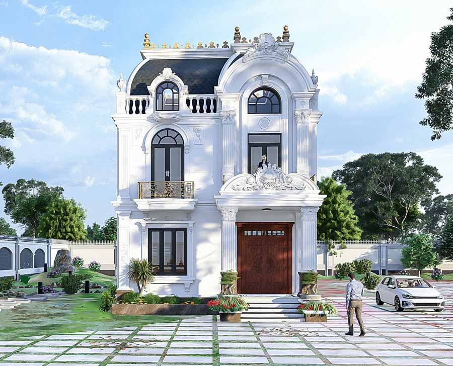 Mẫu nhà villa 2 tầng đẹp mái Mansard phong cách Châu Âu