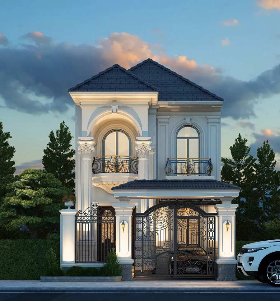 Mẫu nhà villa 2 tầng đẹp mái Mansard phong cách Châu Âu