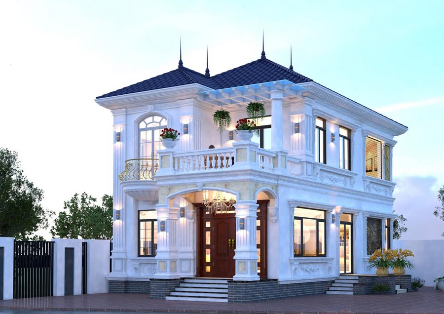 Mẫu nhà villa 2 tầng đẹp mái Mansard phong cách Châu Âu